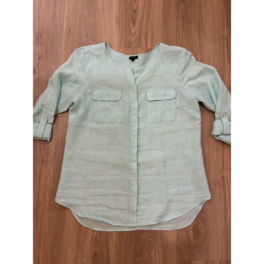Talbots Linen Shirt Blouse Roll Tab Sleeve Button Up Pockets Aqua Collarless L - Picture 6 of 8